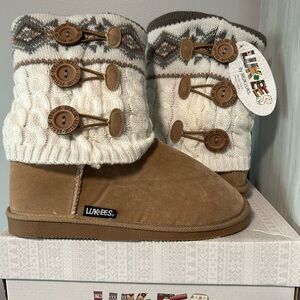 Luk Ees by Muk Luks Tan and Cream Knit Button Boots